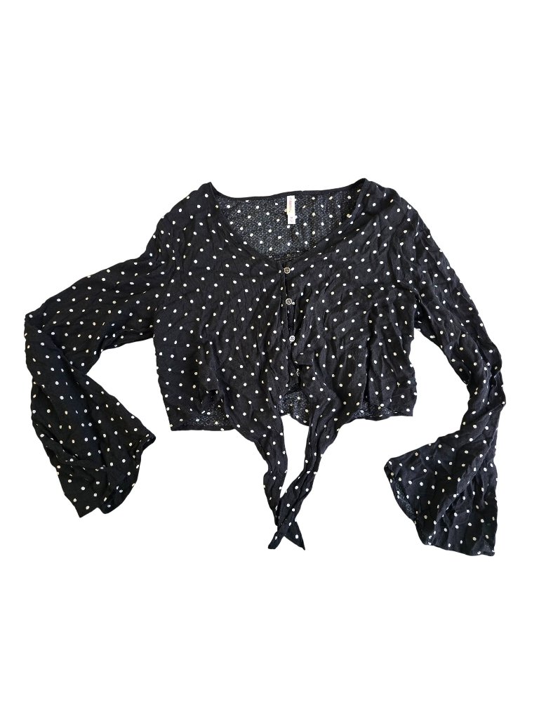 Xhilaration Womens Polka Dot Black Button-Up Tie-Waist Top Flowy Flare Sleeves